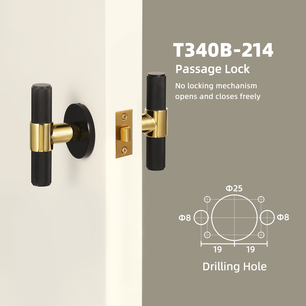 Dooroom Brass Door Lock Set Black Gold Knurled Hidden Door Modern T-bar Bedroom Bathroom Door Lever Dummy Privacy Passage DOOROOM