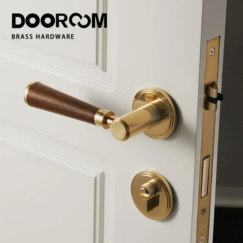 Dooroom Brass Door Lock Set Modern Walnut Wood Simplicity Trapezoid Light Luxury Wooden Door Handles Furniture Bedroom Door Lock DOOROOM