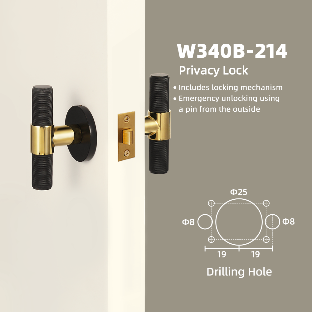 Dooroom Brass Door Lock Set Black Gold Knurled Hidden Door Modern T-bar Bedroom Bathroom Door Lever Dummy Privacy Passage DOOROOM