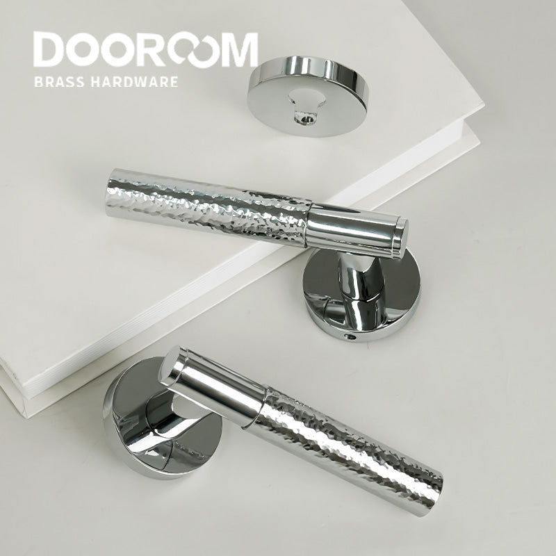 Dooroom Brass Door Lock Set Hammered Bright Silver Interior Bedroom Bathroom Double Wood Door Lever Dummy Passage Privacy Lock DOOROOM