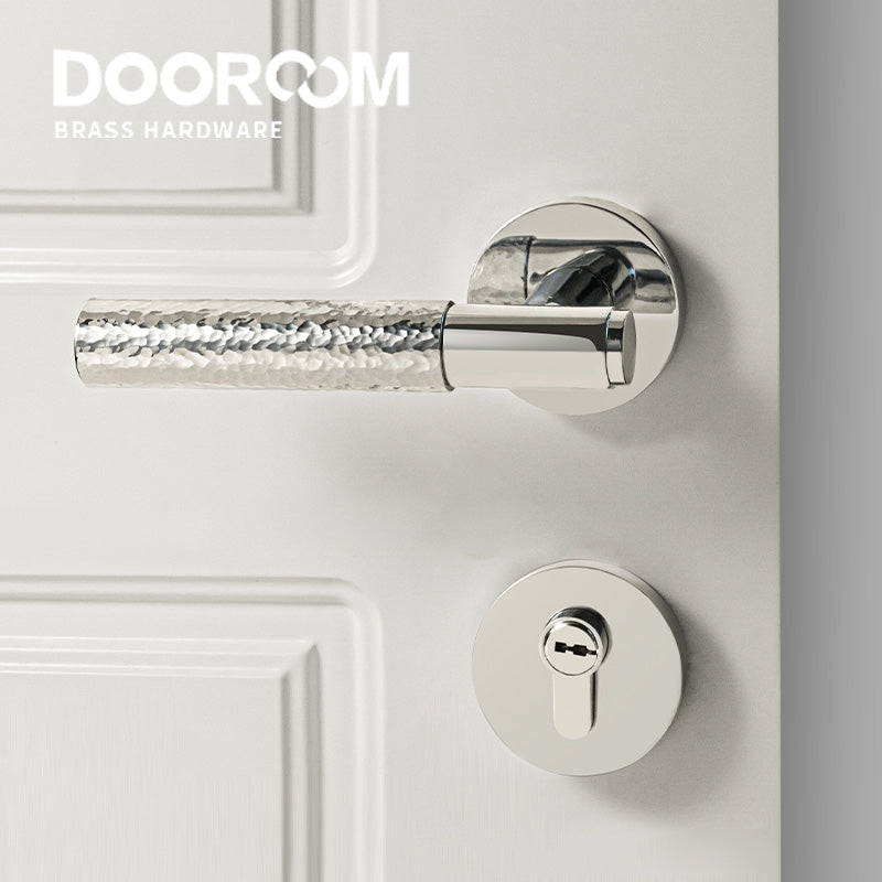 Dooroom Brass Door Lock Set Hammered Bright Silver Interior Bedroom Bathroom Double Wood Door Lever Dummy Passage Privacy Lock DOOROOM