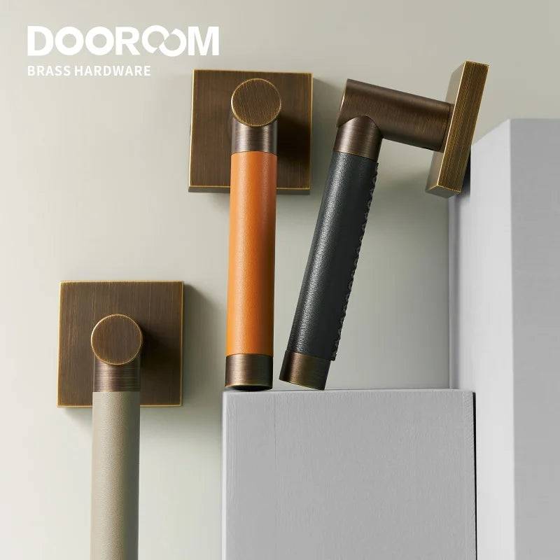 Dooroom Brass Door Lock Set Modern Replaceable Leather Interior Bedroom Bathroom Double Dummy Privacy Passage Door Lever Set DOOROOM