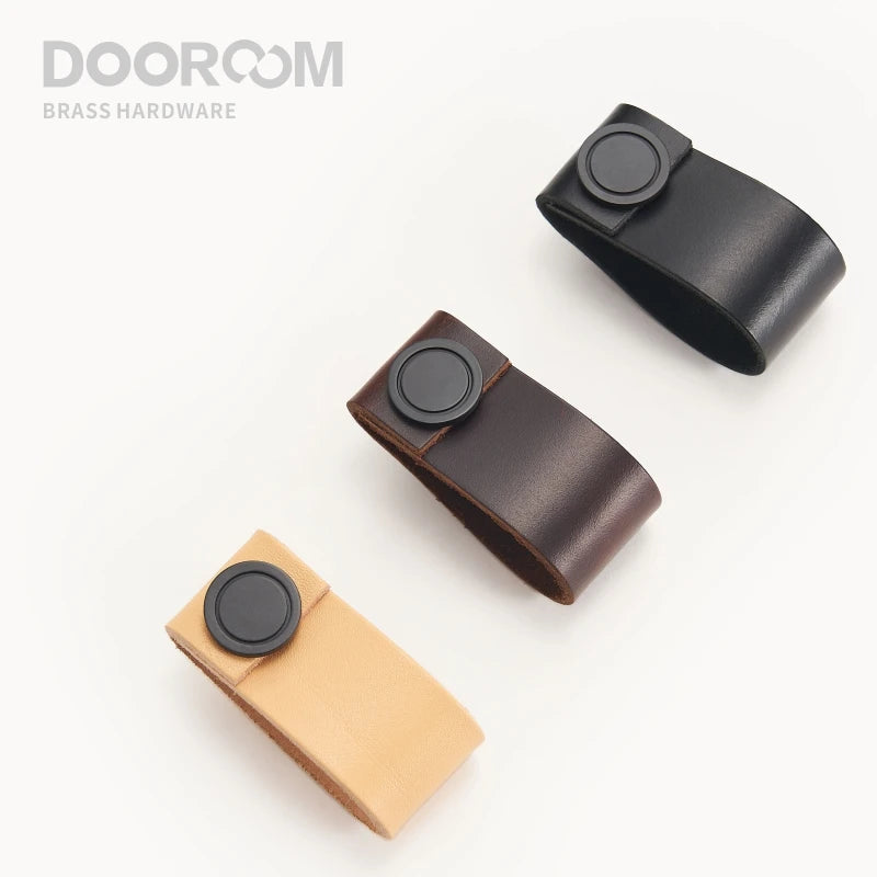 Dooroom Brass Furniture Handles Real Cow Leather Nordic Modern Wardrobe Dresser Cupboard Cabinet Drawer Shoe Box Wine Bar Pulls DOOROOM