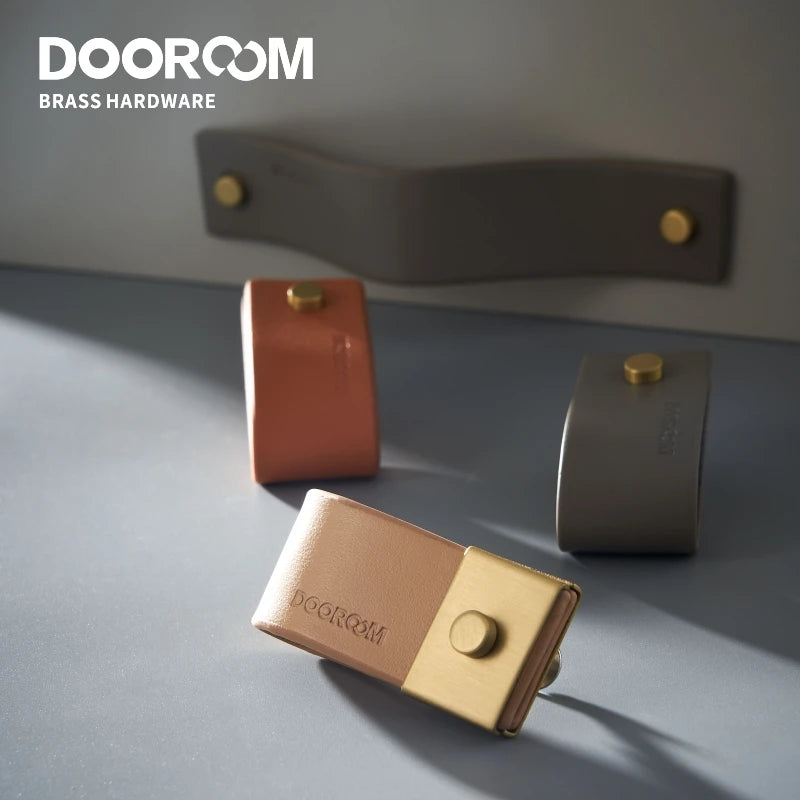 Dooroom Brass&Leather Furniture Handles Nordic Modern Wardrobe Dresser Cupboard Cabinet Drawer Shoe Box Wine Bar Pulls Knobs DOOROOM