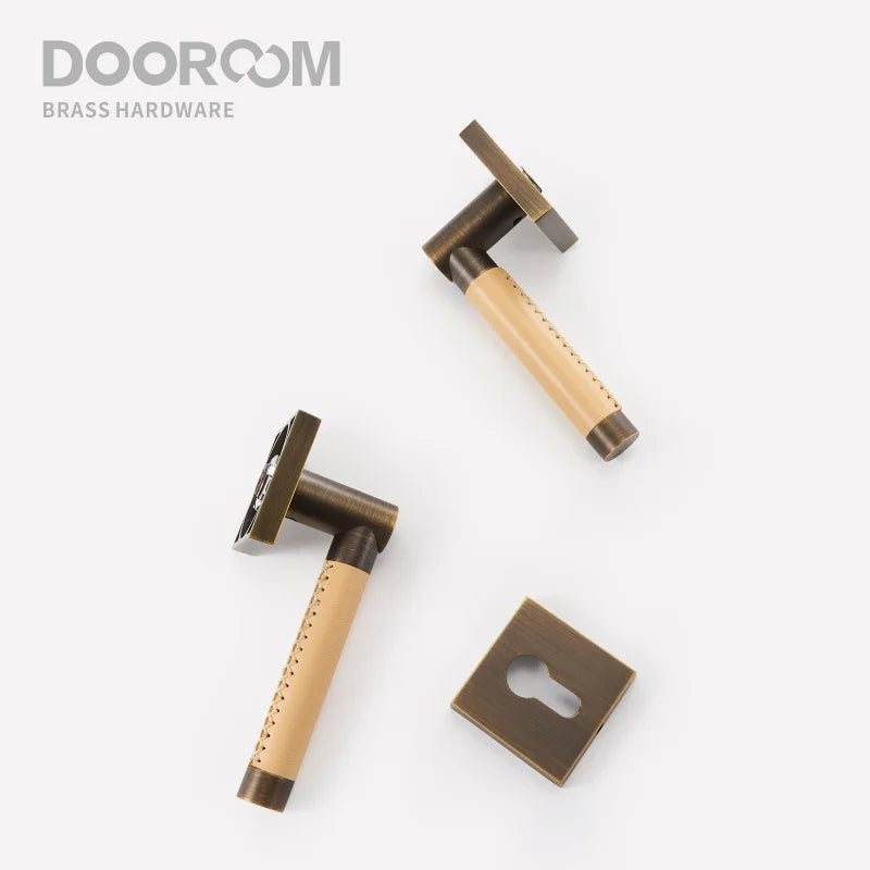 Dooroom Brass Door Lock Set Modern Replaceable Leather Interior Bedroom Bathroom Double Dummy Privacy Passage Door Lever Set DOOROOM