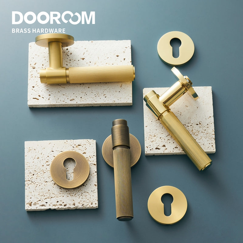 Dooroom Brass Door Lock Set Modern Stripe Shiny Gold Interior Bedroom Bathroom Double Wood Door Lever Dummy Privacy Passage DOOROOM