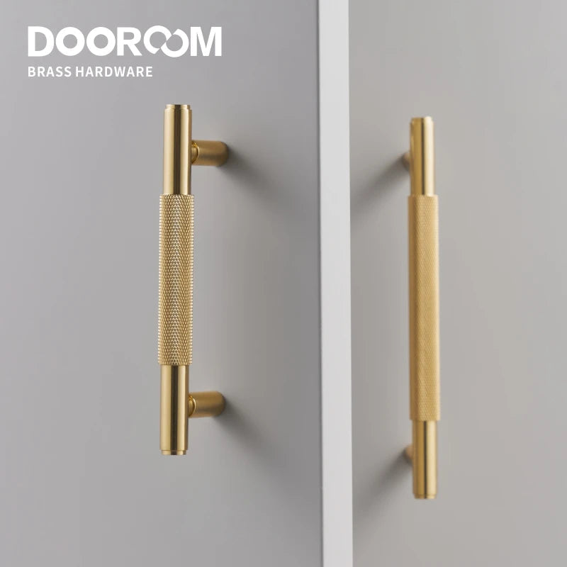 Dooroom Brass Furniture Handles Modern Knurled Shiny Gold Cupboard Wardrobe Dresser Shoe Box Drawer Cabinet Knobs T-Bar DOOROOM