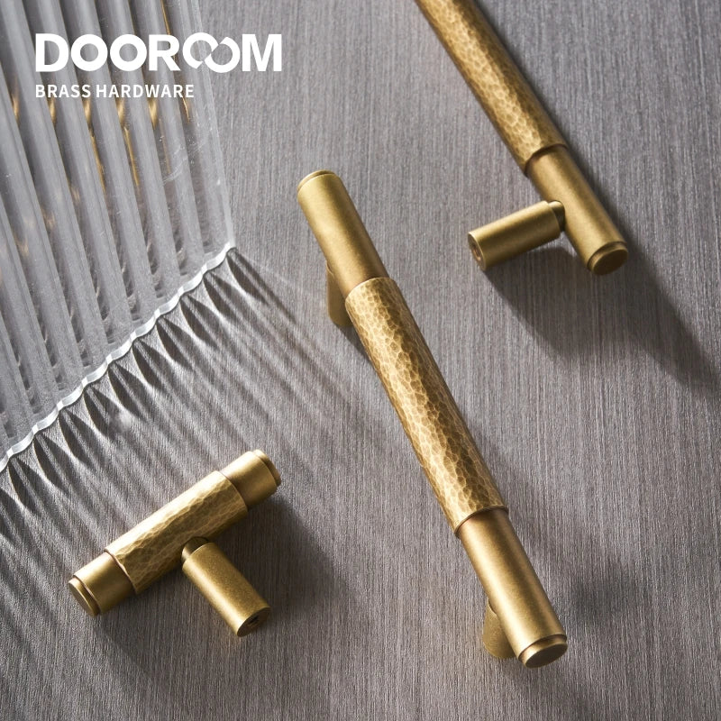 Dooroom Brass Furniture Handles Modern Hammered Yellow Bronze Cupboard Wardrobe Dresser Shoe Box Drawer Cabinet Knobs T-Bar DOOROOM