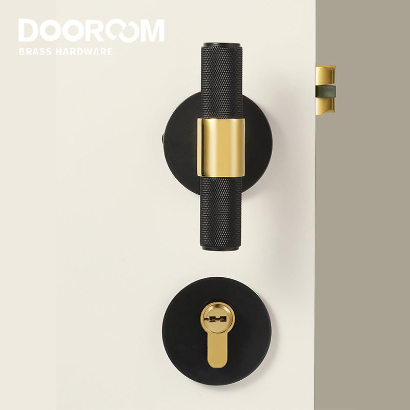 Dooroom Brass Door Lock Set Black Gold Knurled Hidden Door Modern T-bar Bedroom Bathroom Door Lever Dummy Privacy Passage DOOROOM