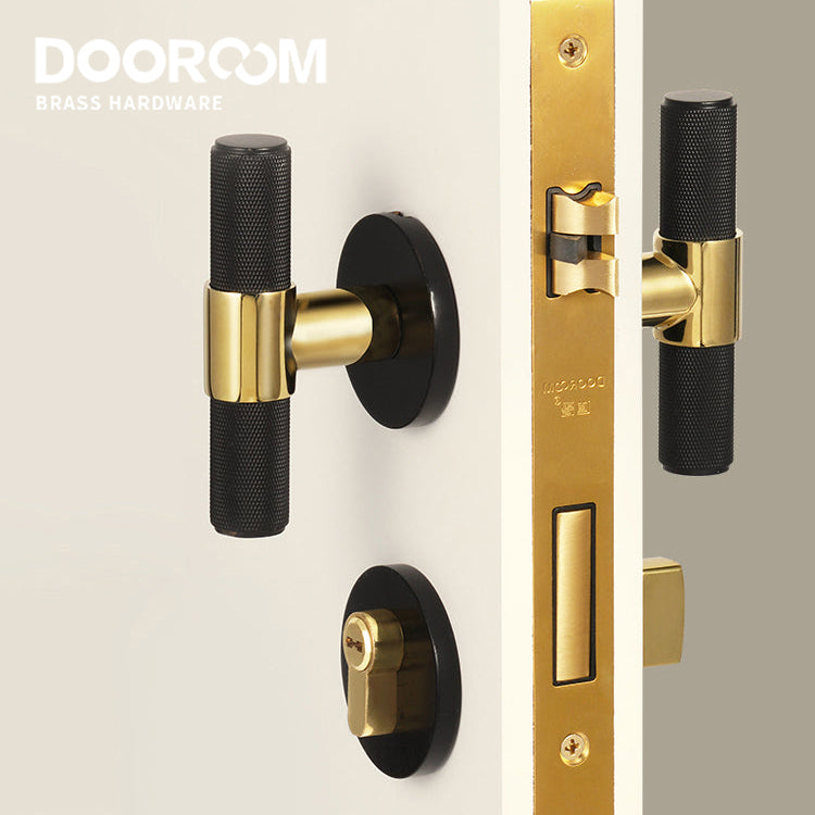 Dooroom Brass Door Lock Set Black Gold Knurled Hidden Door Modern T-bar Bedroom Bathroom Door Lever Dummy Privacy Passage DOOROOM