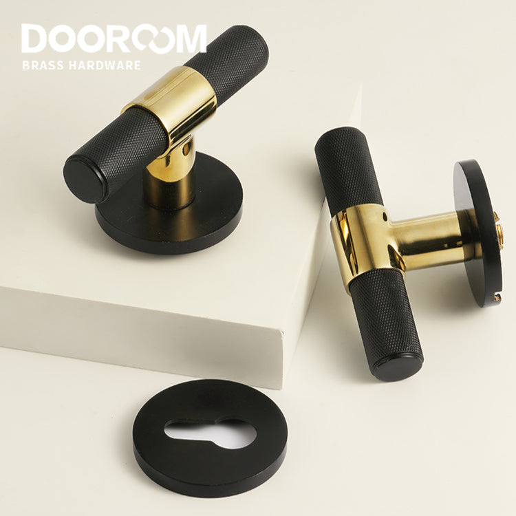 Dooroom Brass Door Lock Set Black Gold Knurled Hidden Door Modern T-bar Bedroom Bathroom Door Lever Dummy Privacy Passage DOOROOM