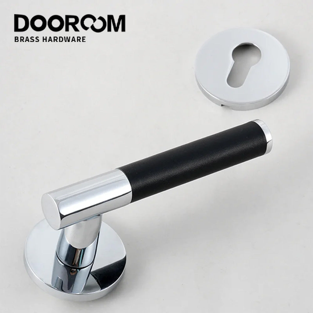 Dooroom Brass Leather Door Lock Set Modern Italian Style Black Leather Bedroom Bathroom Double Wood Door Lever Set Dummy Handles DOOROOM