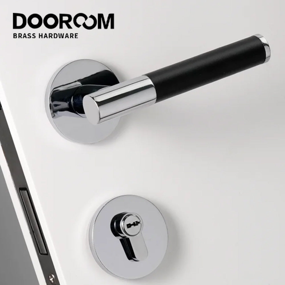 Dooroom Brass Leather Door Lock Set Modern Italian Style Black Leather Bedroom Bathroom Double Wood Door Lever Set Dummy Handles DOOROOM
