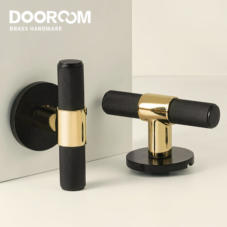 Dooroom Brass Door Lock Set Black Gold Knurled Hidden Door Modern T-bar Bedroom Bathroom Door Lever Dummy Privacy Passage DOOROOM