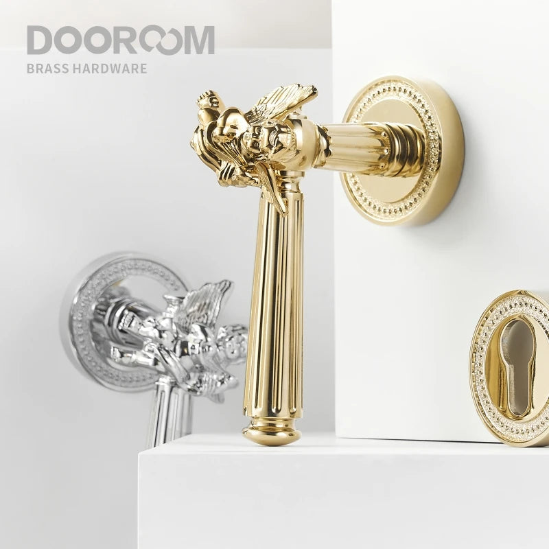 Dooroom Brass Door Lever Set Shiny Gold Bright Chrome Angel Interior Bedroom Bathroom Double Wood Door Lever Dummy Passage DOOROOM