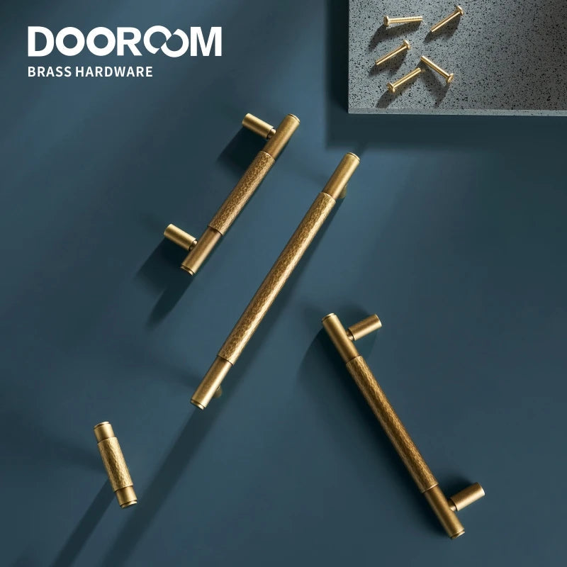 Dooroom Brass Furniture Handles Modern Hammered Yellow Bronze Cupboard Wardrobe Dresser Shoe Box Drawer Cabinet Knobs T-Bar DOOROOM