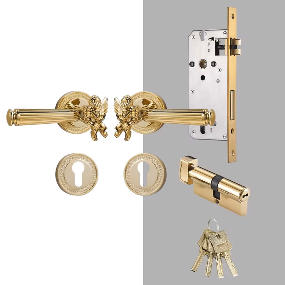 Dooroom Brass Door Lever Set Shiny Gold Bright Chrome Angel Interior Bedroom Bathroom Double Wood Door Lever Dummy Passage DOOROOM