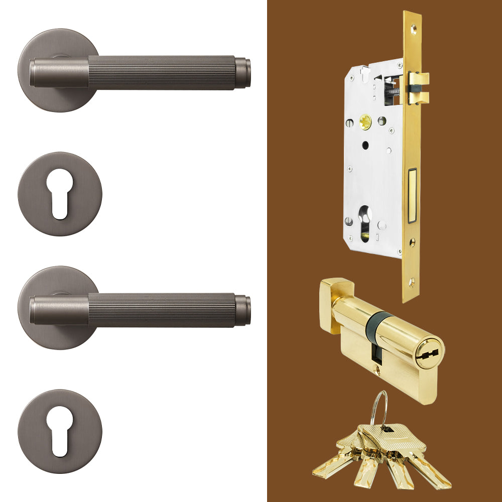 Dooroom Brass Stripe Door Lock Set Modern Grey Interior Bedroom Bathroom Double Wood Lever Dummy Handle Knob Linear DOOROOM