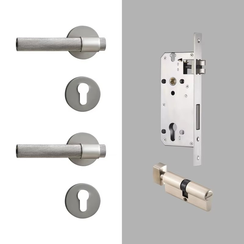Dooroom Brass Knurled Door Lock Set Silver Matt Brushed Nickel Interior Bedroom Bathroom Double Wood Door Lever Set Dummy Handle DOOROOM