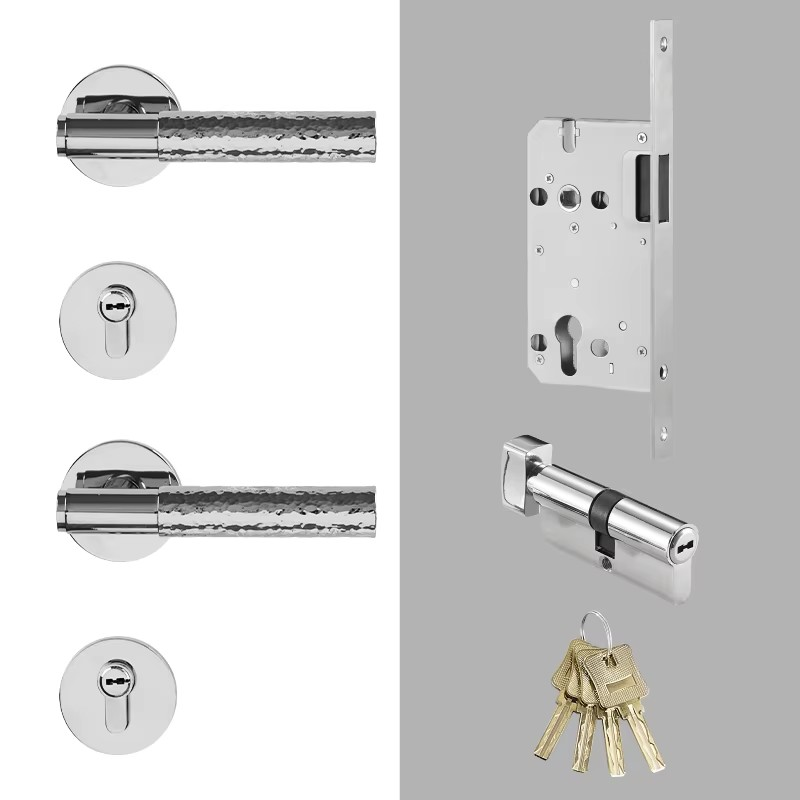 Dooroom Brass Door Lock Set Hammered Bright Silver Interior Bedroom Bathroom Double Wood Door Lever Dummy Passage Privacy Lock DOOROOM