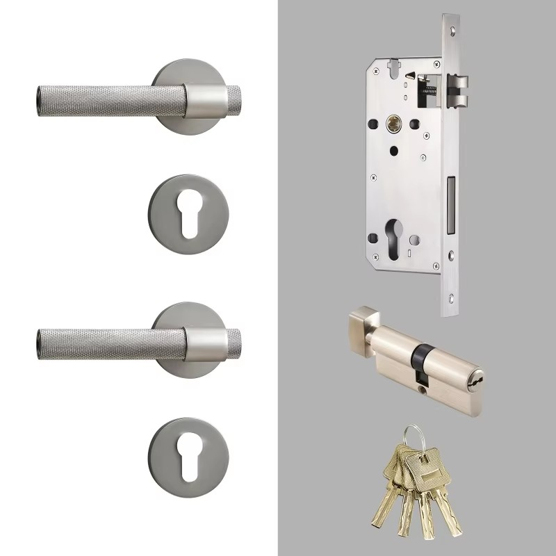 Dooroom Brass Knurled Door Lock Set Silver Matt Brushed Nickel Interior Bedroom Bathroom Double Wood Door Lever Set Dummy Handle DOOROOM
