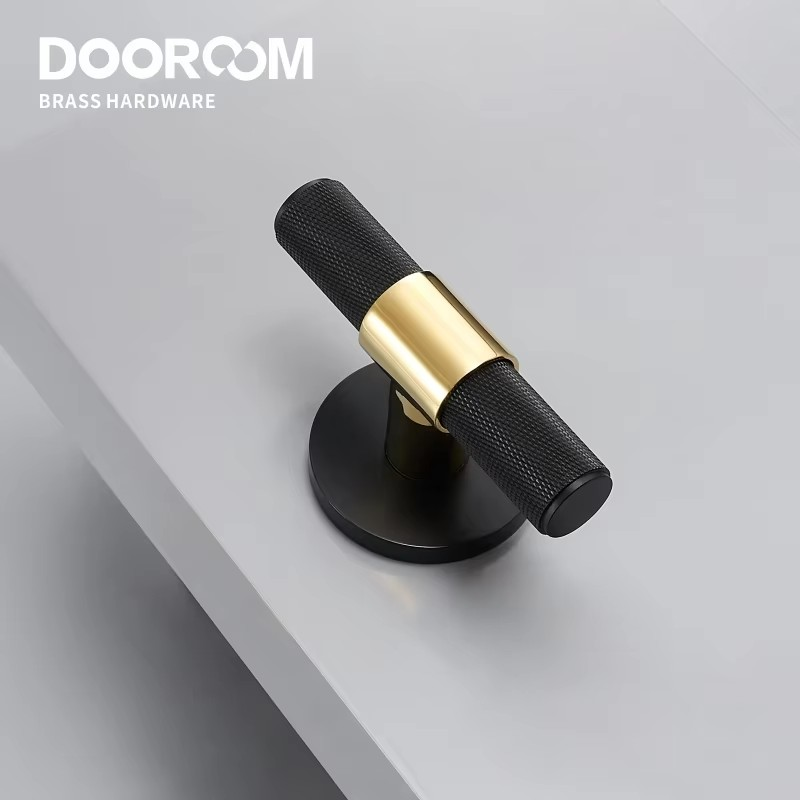 Dooroom Brass Door Lever Set Modern Knurled T-bar Interior Bedroom Bathroom Double Wood Door Lock Set Dummy Knob Hidden Door DOOROOM