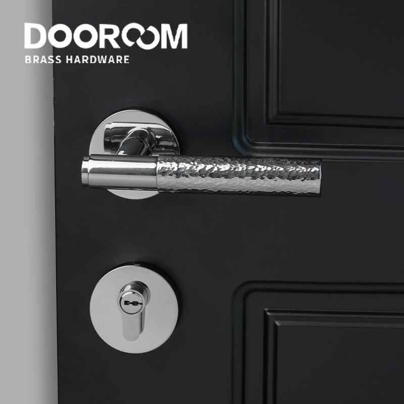 Dooroom Brass Door Lock Set Hammered Bright Silver Interior Bedroom Bathroom Double Wood Door Lever Dummy Passage Privacy Lock DOOROOM