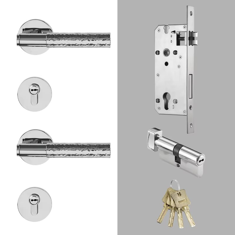 Dooroom Brass Door Lock Set Hammered Bright Silver Interior Bedroom Bathroom Double Wood Door Lever Dummy Passage Privacy Lock DOOROOM