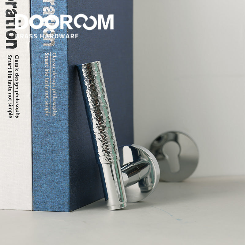 Dooroom Brass Door Lock Set Hammered Bright Silver Interior Bedroom Bathroom Double Wood Door Lever Dummy Passage Privacy Lock DOOROOM