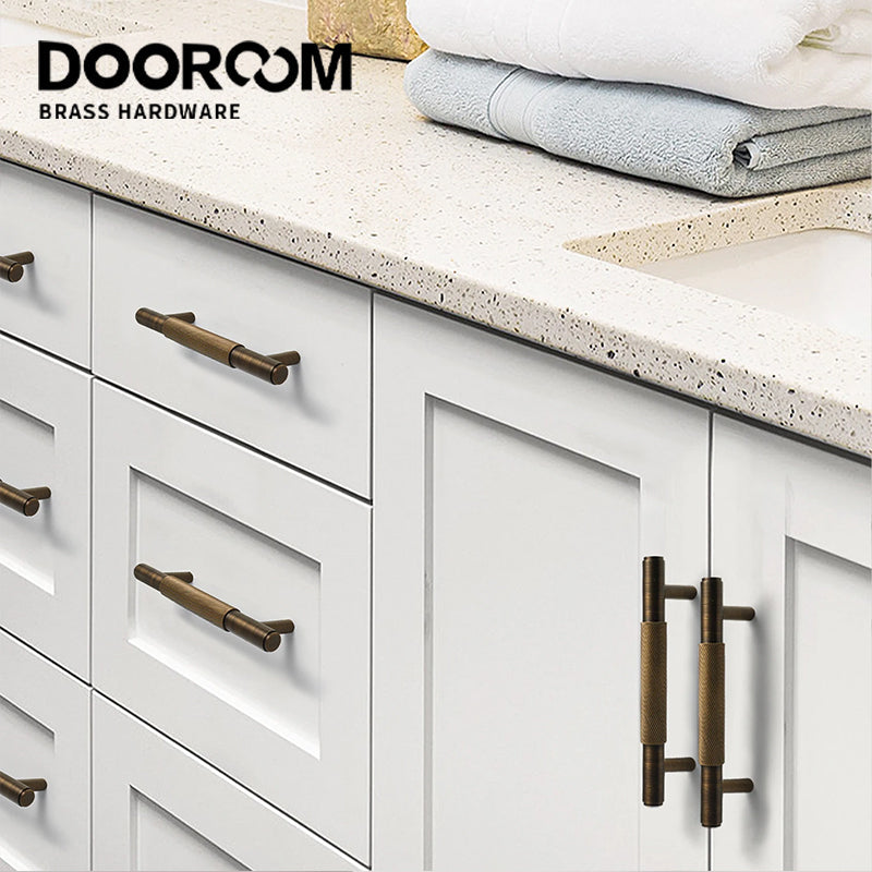 Dooroom-Brass Cabinet Handles, Wardrobe Pulls, Drawer Knobs, Knurled Furniture Door T Bar Handle for Chest Drawer Dresser DOOROOM