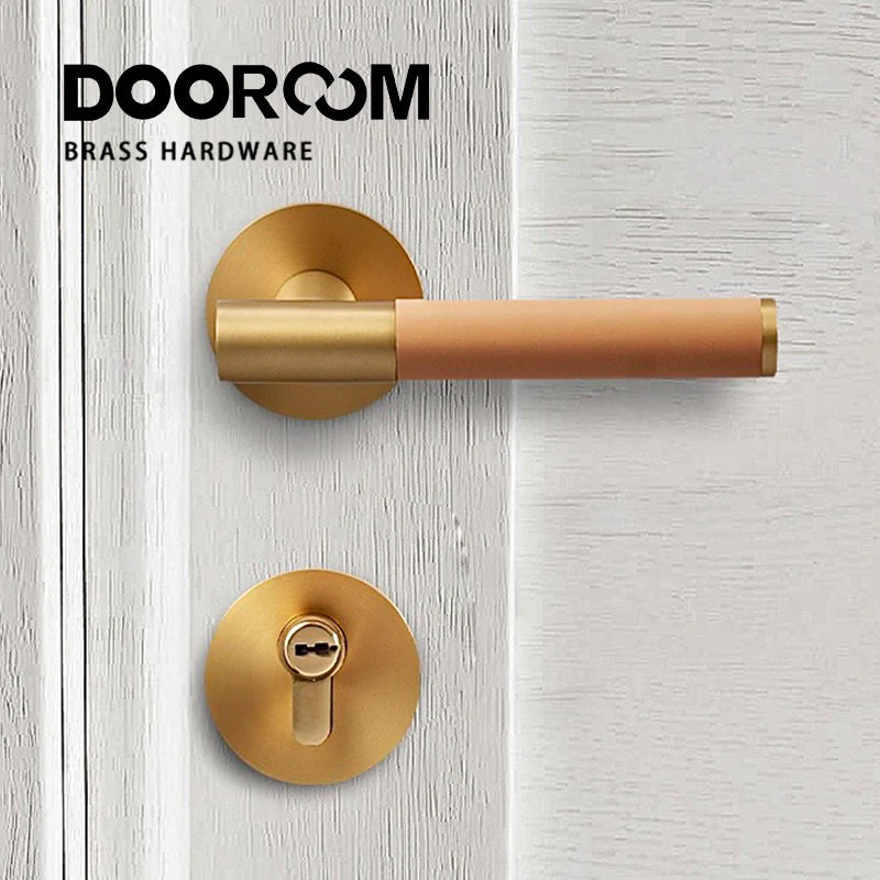 Dooroom Brass Leather Door Lock Set Modern Italian Interior Modern Bedroom Bathroom Double Wood Door Lever Set Dummy Handle DOOROOM