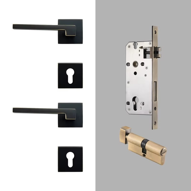 Dooroom Brass Door Lever American Nordic Modern Solid Wood Interior Door Lock Bedroom Split Mechanical Set Handle Black Square DOOROOM
