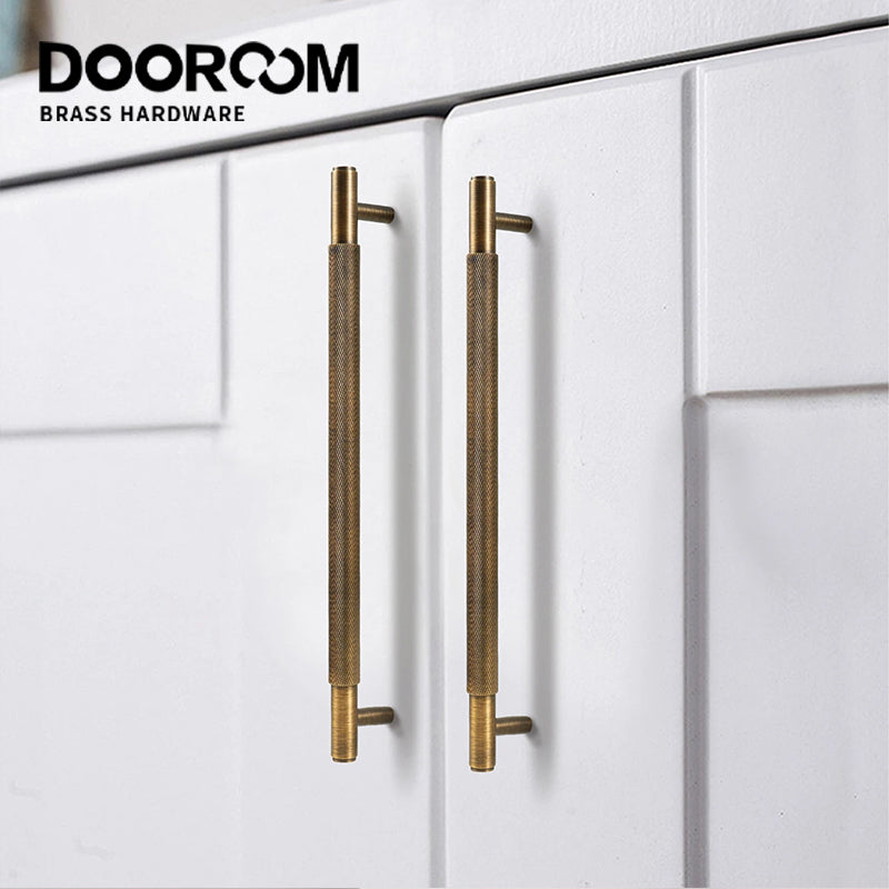 Dooroom-Brass Cabinet Handles, Wardrobe Pulls, Drawer Knobs, Knurled Furniture Door T Bar Handle for Chest Drawer Dresser DOOROOM