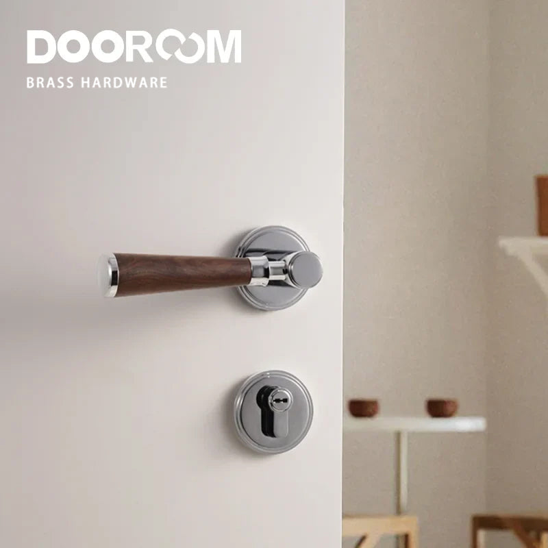Dooroom Brass Door Lock Set Modern Walnut Wood Simplicity Trapezoid Light Luxury Wooden Door Handles Furniture Bedroom Door Lock DOOROOM