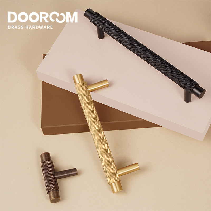 Dooroom Brass Furniture Handles Modern Knurled Antique Brass Cupboard Wardrobe Dresser Shoe Box Drawer Cabinet Knobs T-Bar DOOROOM