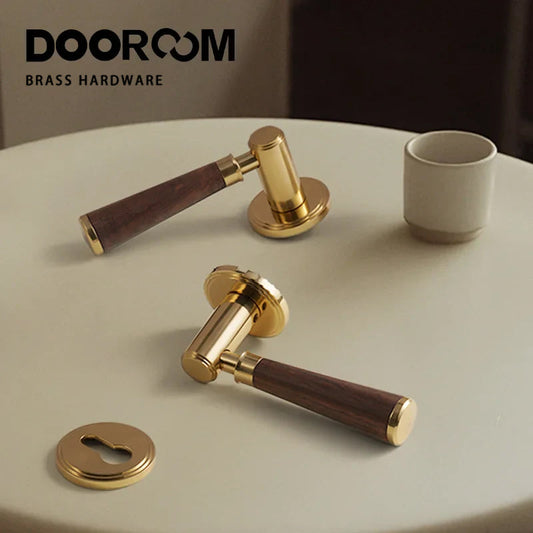 Dooroom Brass Door Lock Set Modern Walnut Wood Simplicity Trapezoid Light Luxury Wooden Door Handles Furniture Bedroom Door Lock DOOROOM