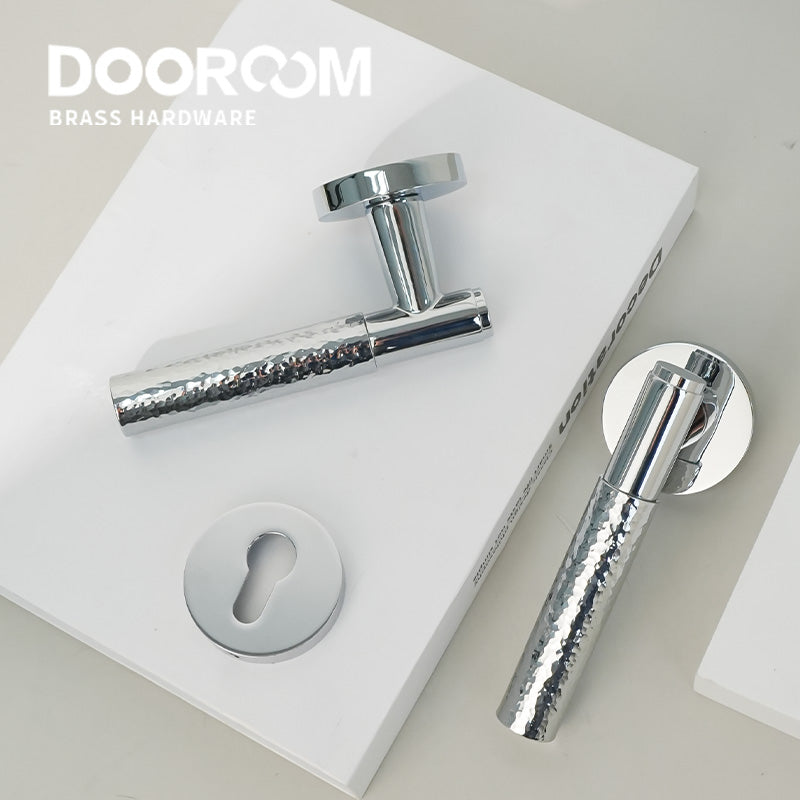 Dooroom Brass Door Lock Set Hammered Bright Silver Interior Bedroom Bathroom Double Wood Door Lever Dummy Passage Privacy Lock DOOROOM