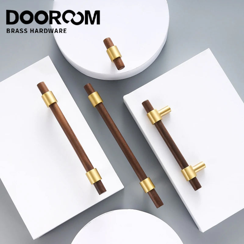 Dooroom Brass Walnut Solid Wood Furniture Handles Closet Wardrobe Cupboard Dresser Nordic Drawer Knob Armario Modern Hardware DOOROOM