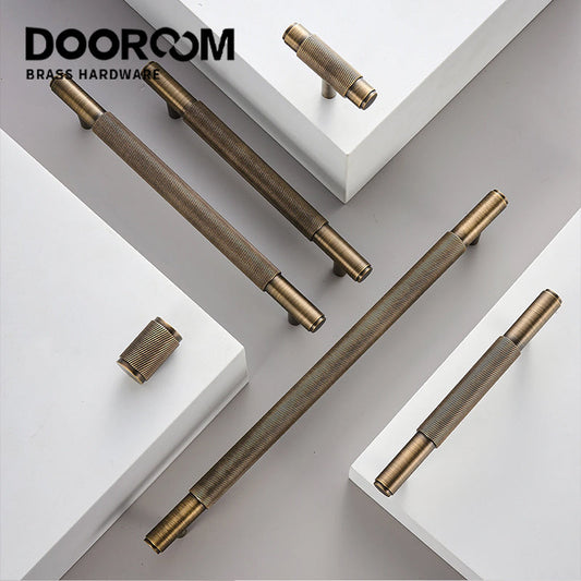 Dooroom-Brass Cabinet Handles, Wardrobe Pulls, Drawer Knobs, Knurled Furniture Door T Bar Handle for Chest Drawer Dresser DOOROOM