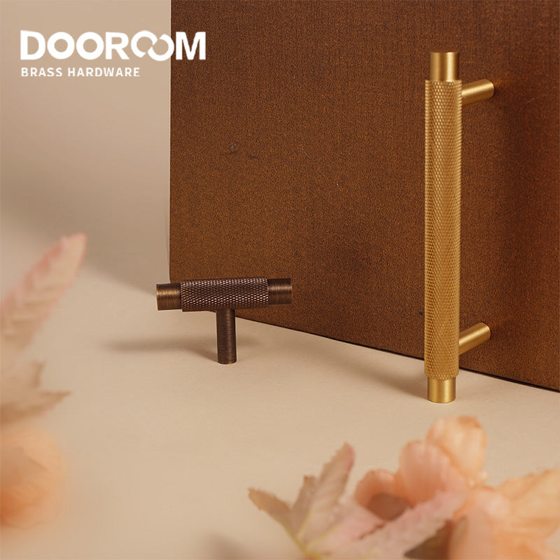 Dooroom Brass Furniture Handles Modern Knurled Antique Brass Cupboard Wardrobe Dresser Shoe Box Drawer Cabinet Knobs T-Bar DOOROOM