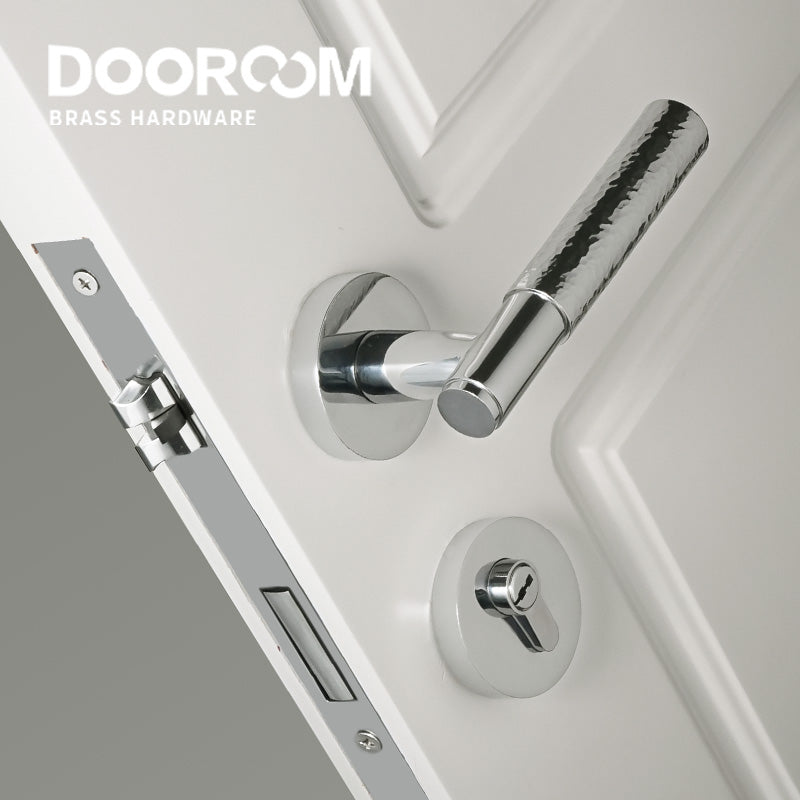 Dooroom Brass Door Lock Set Hammered Bright Silver Interior Bedroom Bathroom Double Wood Door Lever Dummy Passage Privacy Lock DOOROOM