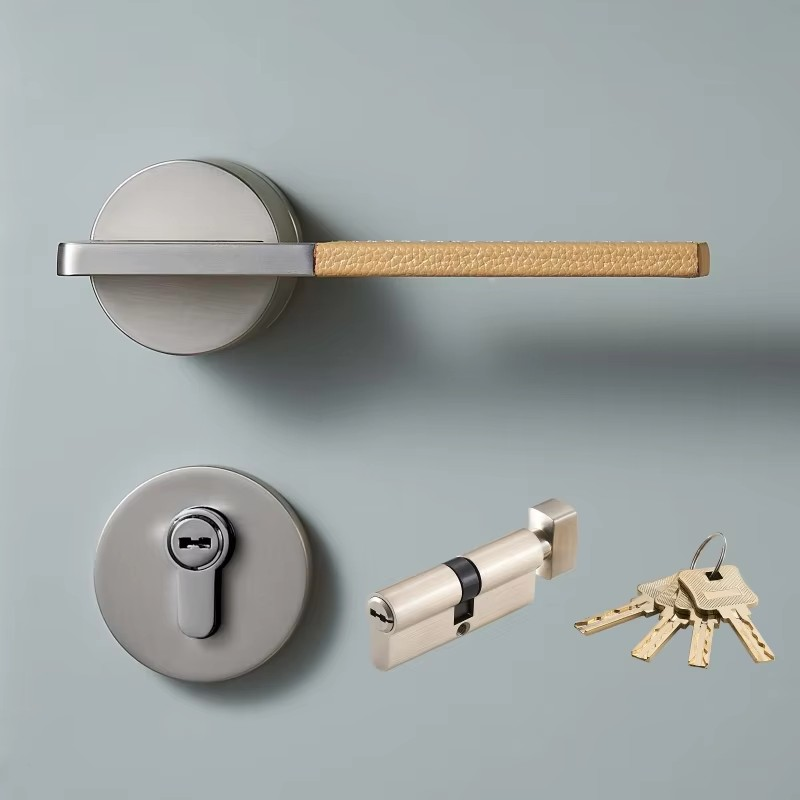 Dooroom Brass Leather Door Lock Set Black Brushed Nickel Bedroom Bathroom Double Wood Door Lever Set Dummy Privacy Passage DOOROOM