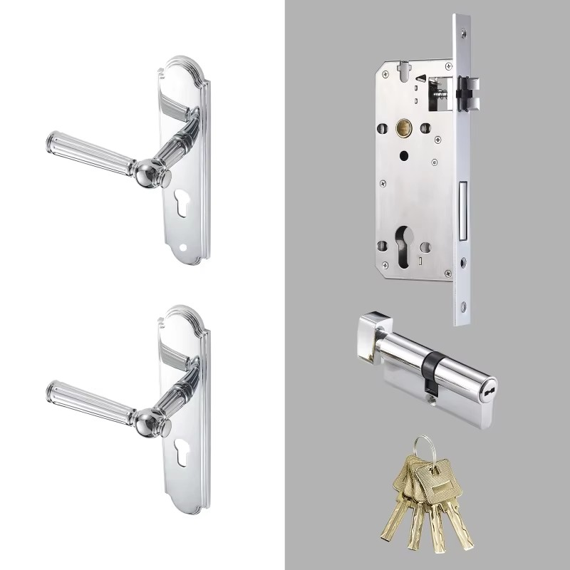 Dooroom Brass Door Lock Set Modern Shiny Chrome Interior Bedroom Bathroom Double Wood Door Lever Set Dummy Handle DOOROOM