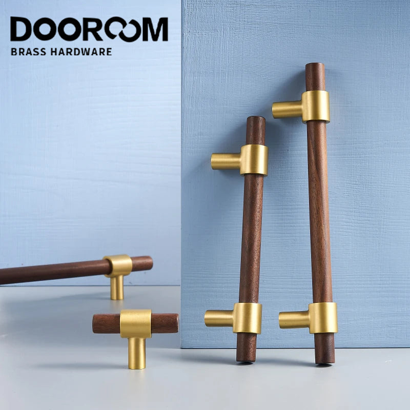 Dooroom Brass Walnut Solid Wood Furniture Handles Closet Wardrobe Cupboard Dresser Nordic Drawer Knob Armario Modern Hardware DOOROOM