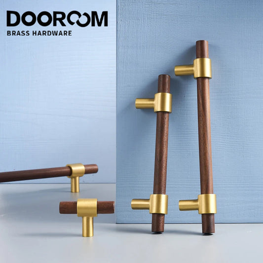 Dooroom Brass Walnut Solid Wood Furniture Handles Closet Wardrobe Cupboard Dresser Nordic Drawer Knob Armario Modern Hardware DOOROOM