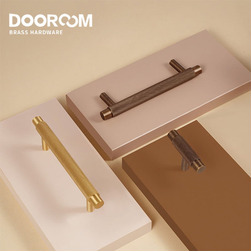 Dooroom Brass Furniture Handles Modern Knurled Antique Brass Cupboard Wardrobe Dresser Shoe Box Drawer Cabinet Knobs T-Bar DOOROOM