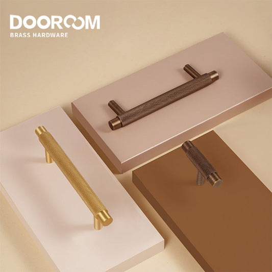 Dooroom Brass Furniture Handles Modern Knurled Antique Brass Cupboard Wardrobe Dresser Shoe Box Drawer Cabinet Knobs T-Bar DOOROOM