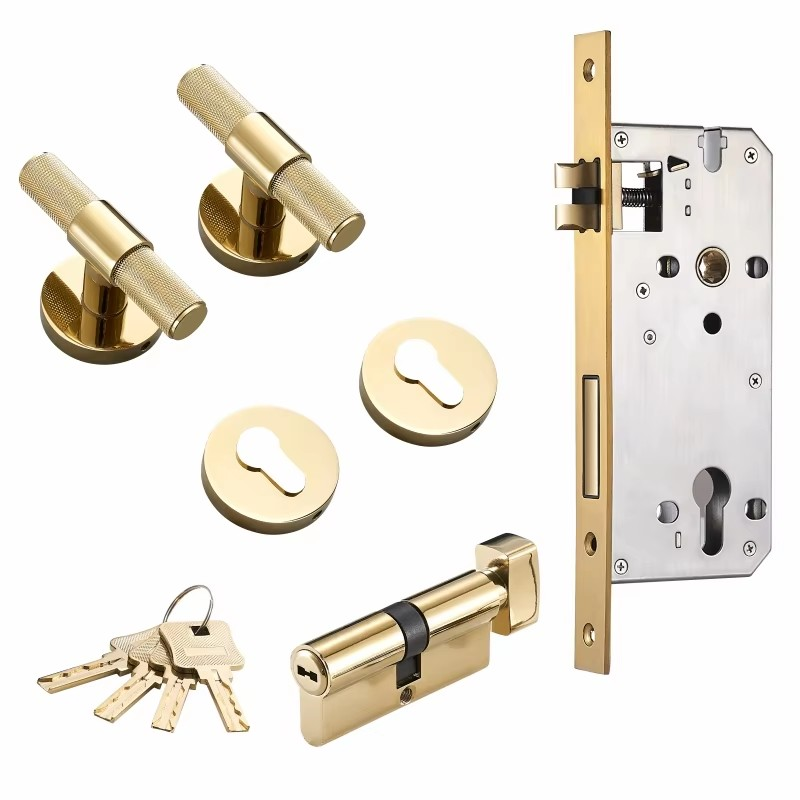 Dooroom Brass Door Lever Set Modern Knurled T-bar Interior Bedroom Bathroom Double Wood Door Lock Set Dummy Knob Hidden Door DOOROOM