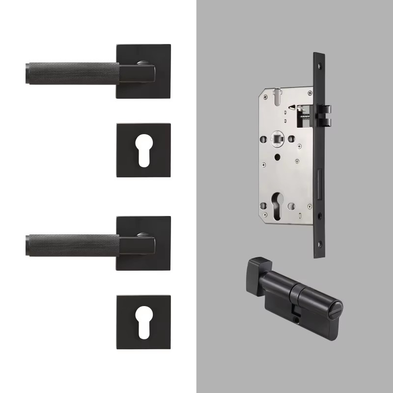 Dooroom Knurled Brass Door Lock Set Modern Interior Bedroom Bathroom Double Wood Door Lever Set Dummy Privacy Passage Lock DOOROOM