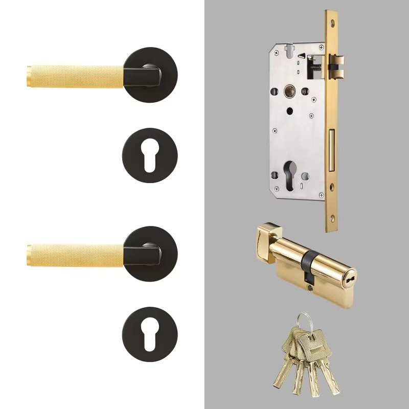 Dooroom thumbturn Knurled Brass Door Lock Set Modern Interior Bedroom Bathroom Wood Door Lever Set Dummy Privacy Passage Lock DOOROOM